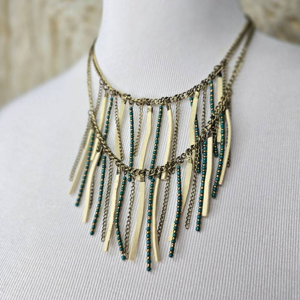 Double layer Fringe Bib Beaded Necklace Teal Bronze